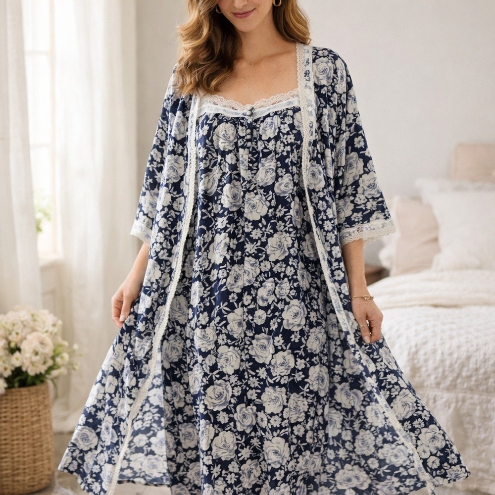 VTG. Dreams &‎ Co Nightgown Robe 1X Cottagecore 2pc Set Cotton Prairie Peasant
